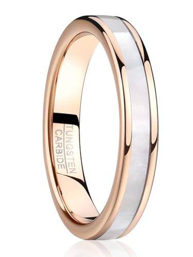 VAKKI 4mm Bague Femm Tungstène Plaqué Or Rose Bague de Mariage Incrustée Coquille de Nacre Taille 53 (16.9)