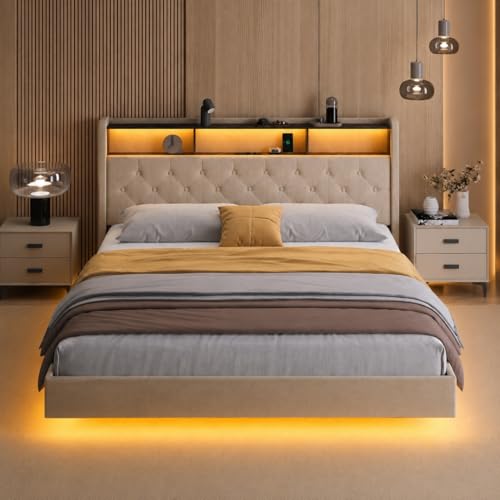 Xbro Estructura de Cama 160x200 cm con Aspecto Flotante, Iluminación LED y Estación de Carga (USB/Enchufe), Cabecero Acolchado con Espacio de Almacenamiento, Somier, Beige (Sin Colchón)