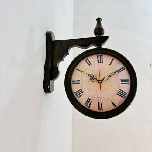 Image of Vintage Double-Sided Wall Clock, Antique Victorian Hanging Clock with Bracket, Silent Quartz Movement, Roman Numerals, Rustic Farmhouse Decor for Home & Office (Black)