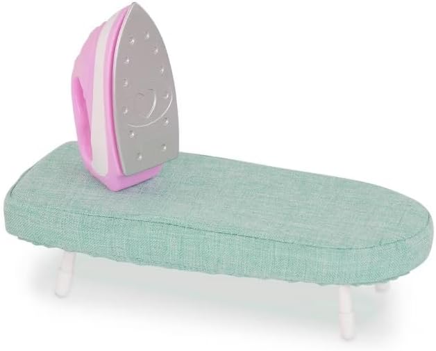 A pink and white play iron resting on a light green play ironing board.