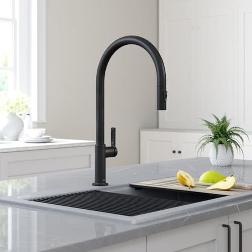 Image of KRAUS Oletto High-Arc Single Handle Pull-Down Kitchen Faucet in Matte Black, KPF-2821MB