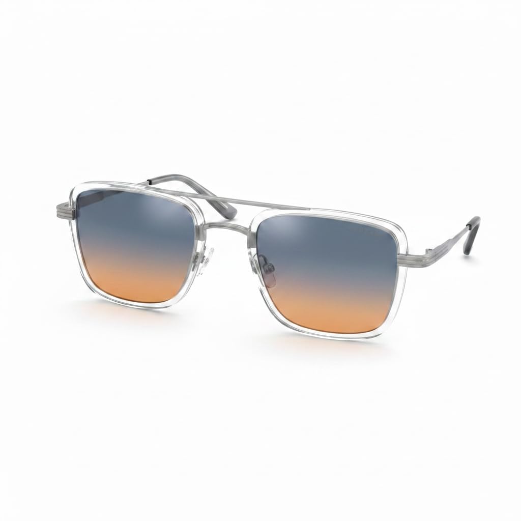 Square Aviator Sunglasses with Clear Frame, Blue-Orange Gradient-image-42