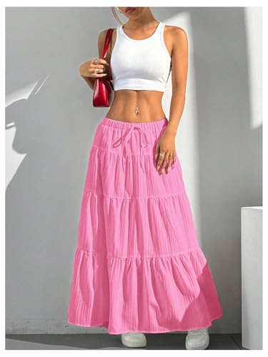 Image of Verdusa Women's Long Maxi Skirt Boho Flowy Flared Ruffle Skirts 2026 Beach Vacation Summer Going Out Outfits