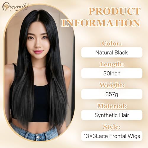 Image of Creamily 30 inch Synthetic Lace Front Wig Black Straight 13x3 HD Lace Front Wigs Long Straight Glueless Pre Plucked Heat Resistant Fiber Hair Wig Natural for Daily Party (Black, 30 inches)