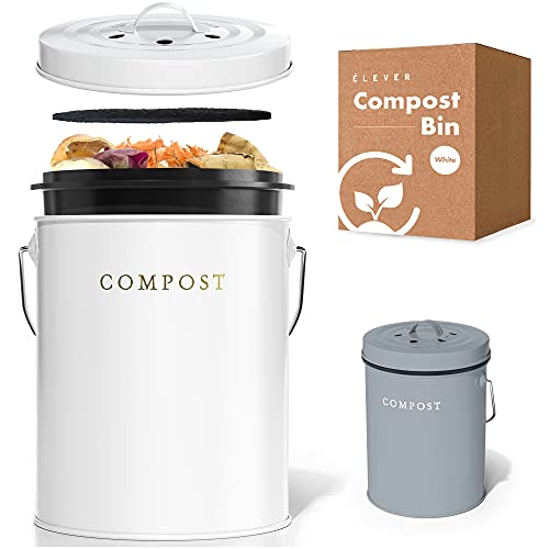 Compost BIN - Farmhouse Kitchen Compost Bin for Kitchen Counter Bonus Inner Compost Bucket for Kitchen, 2 Fruit Fly Trap Filters. Composter for Zero Waste. Countertop Compost Bin, Compost Pail