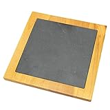 Natural Slate & Pine Wood Trivet – Square Hot Pot Holder & Serving Board for Kitchen & Dining Table (7.5” x 7.5”)