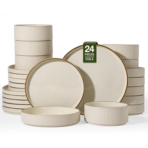Image of Famiware Stoneware Dinnerware Set for 6 with Pasta Bowls, Dishes with Trim | Cream, 24 pcs creamic double bowls & flat plates, chip & scratch resistant, microwave & dishwasher safe, everyday formal use
