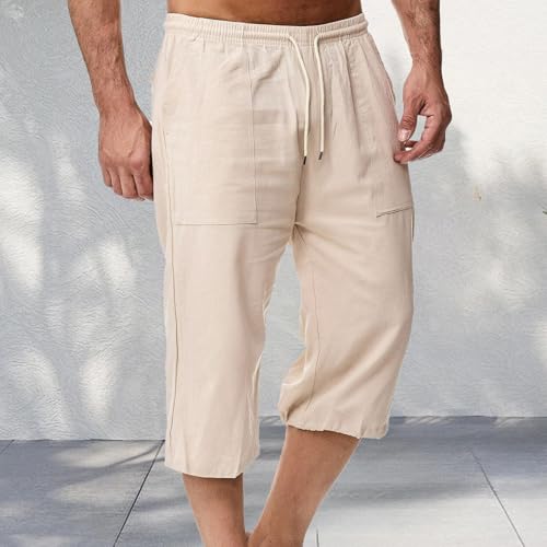 Linen Shorts for Men Casual Baggy Comfy Drawstring Elastic Waist Capri Pants Summer Vacation Beach Pants with Pockets3