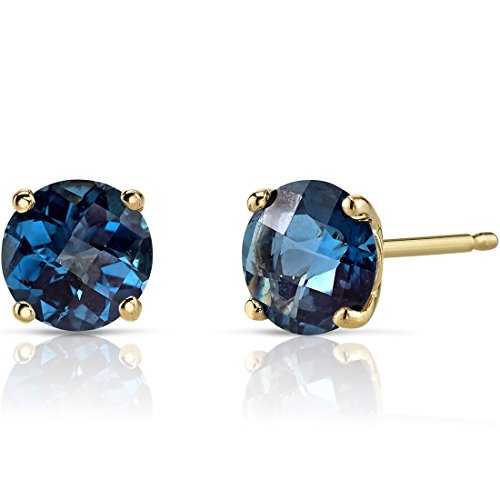 Peora Solid 14K Yellow Gold London Blue Topaz Stud Earrings for Women, Genuine Gemstone Classic Solitaire Round Shape, 6mm, 2 Carats total, Friction Back, December Birthstone Earrings, Jewelry Gift