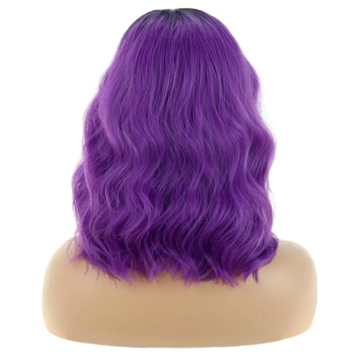 Image of BERON Black Purple 14 inch Women Girls Short Curly Wavy Wig Ombre Taro Purple Body Wave Halloween Cosplay Daily Party Wigs
