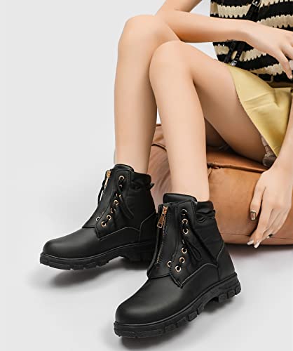 Dadawen Waterproof Ankle Bootie For Women Round Toe Lace Up Low Heel Work Combat Boots 290 Black 02 Us Size 9 #TOP1