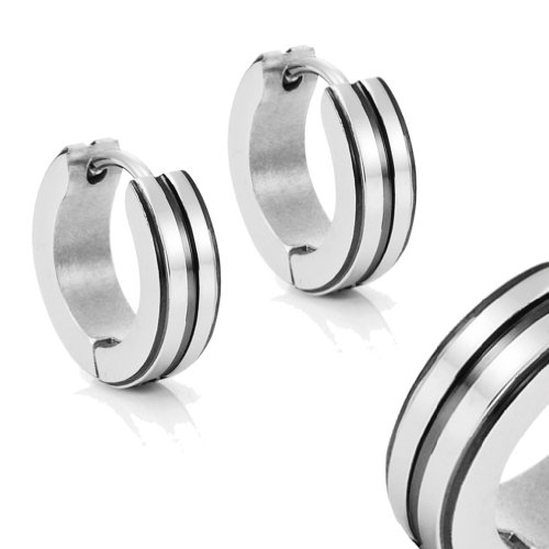 Men's 316L Stainless Steel Two Tone Hoop Huggie Earrings With Black Ip 10Mm, Mens Gift #TOP4
