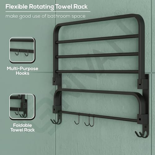 Image of GRIVAN Modern Stainless Steel Bathroom Towel Hanger for Wall | Folding 24-inch Towel Rack Cloth Stand with Hooks | Bathroom Fitting Accessories (Black Matte Finish)