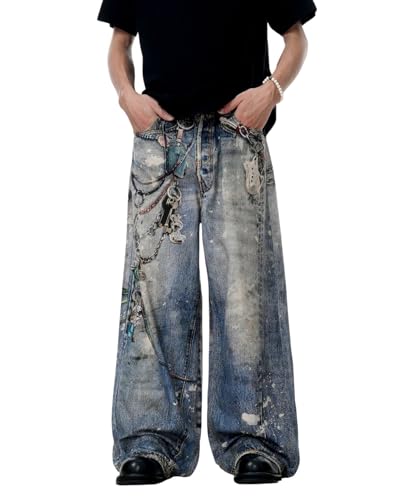 Lafaguw Jeans larghi per uomo donna catena stampato pantaloni Y2K vita alta gamba larga jeans Casua Goth Grunge vestiti., Blu 1, XL