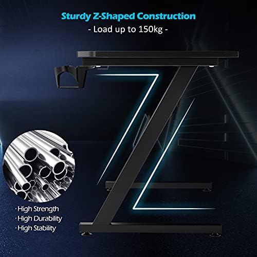 COSTWAY Gaming Computer Desk with Cup Holder and Headphone Hook, Z-shaped Ergonomic PC Racing Table Study Work Workstation for Home Office Bedroom, 120 x 60 x 70cm (Black)
