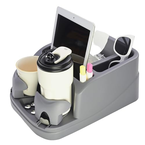 Keyiduid Center Console for Cars, Car Console Organizer with 2 Drink Holder, Console Adjustable Cup Holder for Trucks, Floor Console for Truck, Minivans, Suvs, Vehicle Organizer (Grey)