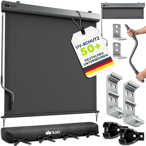 tillvex® Senkrechtmarkise 140 x 250 cm für Außen- und Innenbereich mit Regencover | Außenrollo wasserfest mit Handkurbel für Balkon, Terrasse & Garten | Balkonrollo Sonnenschutz Sichtschutz Aluminium