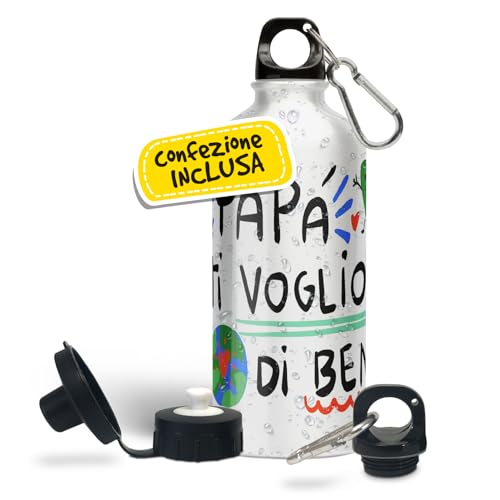 Borraccia papà, borraccia tempo libero e sport. Ideale per la festa del papà. Utile idea regalo. Bottiglia in alluminio bianca con doppio tappo (Un mondo di bene)