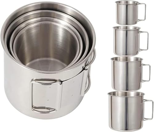 Image of Camping Cup,4pc Stainless Steel Camping Campfire Mug with Handle, Portable Cups with Folding Handle & Mesh Bag for Touring Trips Outdoor Camping Campfire (4pc)