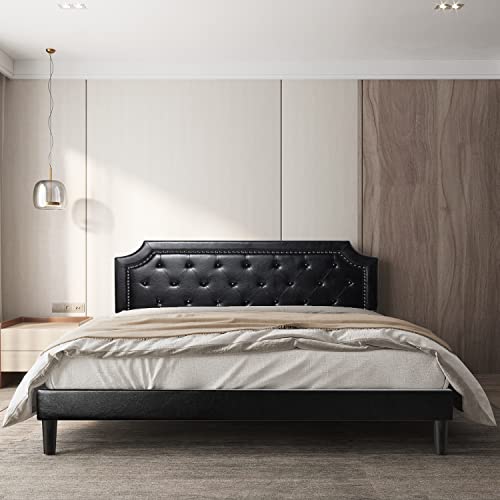 Bonsoir Bed Frame Upholstered Low Profile Platform Bed With Tufted Faux Leather Headboard/No Box Spring Needed/No Bed Skirt Needed (Black, Queen Size) #TOP1