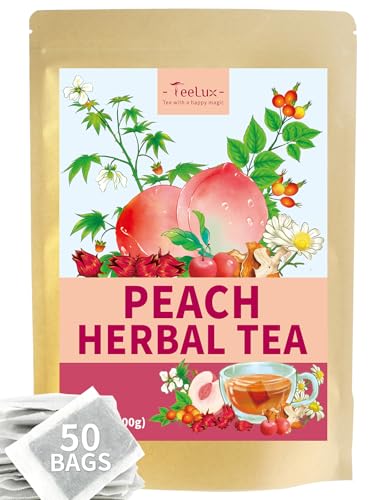 Image of TeeLux Peach Herbal Tea Bags, Fruity & Sweet Taste, Caffeine Free, 50 Count | Fruity Herbal Blend with Rosehips, Hibiscus, Chamomile & Orange Peel, Natural Peach Flavor, Enjoy Hot or Iced