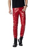 Idopy Men`s Punk Slim Fit Soft PU Faux Leather Biker Pants Red 34