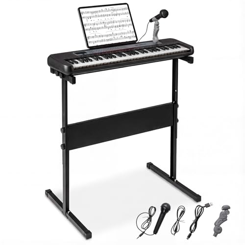 COSTWAY Clavier Piano Enfant 61 Touches avec Microphone et Pupitre, Piano Numérique avec Support Réglable et Amovible, 2 Haut-parleurs, Mode d'apprentissage, Instrument de Musique pour 3 Ans+ (Noir)