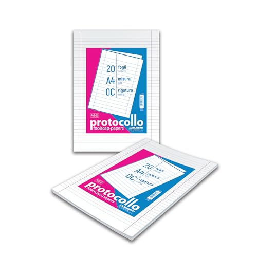 Blasetti Foglio Protocollo - Pacchetto da 20 fogli formato A4, per compiti in classe scuola media e superiore, per studi notarili o avvocati, Carta da 60gr - Rigatura 0C (Righe Con Margini)