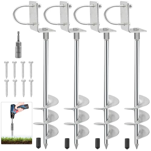 WateryWave Screw in Ground Anchors 3'' Wider Spiral Trampoline Stakes Heavy Duty Fully Welded Wind Resistant Trampoline Wind Anchors with Straps for Securing Trees Tents Shed Carport, 18'' Set of 4