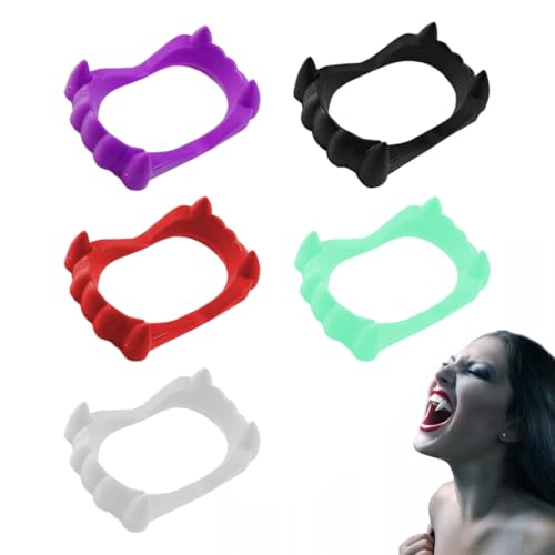 OIXYEY 5 peças de dentes de vampiro, disfarces de Halloween com dentes de vampiro para crianças, dentes de vampiro zombie dracula, para levar no Halloween (branco, vermelho, brilhante, preto, roxo, B)