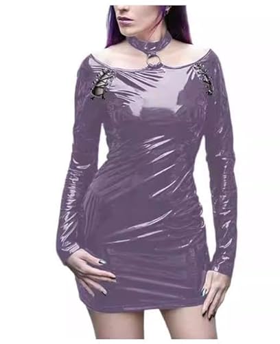 濃い紫 PVC レザーオフショルダー ロングスリーブハンガーネックフィットミニドレス ボディコンペンシルスカート