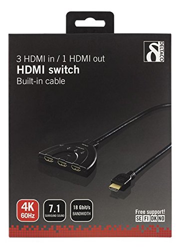 DELTACO HDMI-7044 - Switch HDMI, 3 ingressi per 1 Uscita, 4 K a 60 Hz, 7.1, Colore: Nero