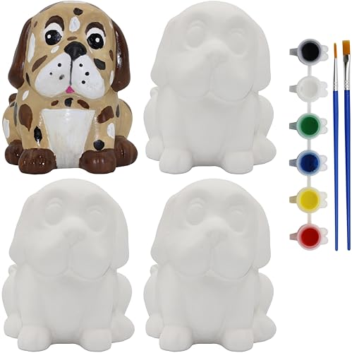 Creative Hobbies 4 Pack of Ready to Paint Ceramic Bisque Dog Piggy Banks for All Ages – Complete DIY Kit with Paint, Brushes & How to Guide