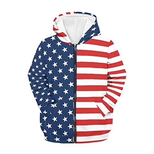 Renewold American Flag Print Novelty Hoodie, Girls Boys Sweatshirt, Zip-Up Hooded Sweatshirt, Kids Youth Jacket, Loose With Pocket Outwear Top For Athletic Casual Outdoor Indoor, 14-16 Years #TOP4