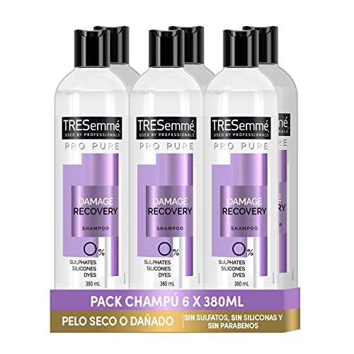 TRESemmé Champú Sin sulfatos, Sin siliconas y Sin parabenos Pro Pure para pelo seco o dañado, protege y repara - Pack de 6 x 380ml