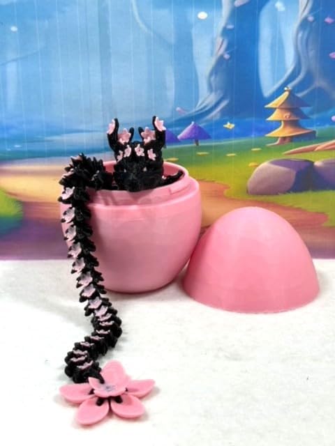 3D Printed Dragon, Black and Pink Cherry Blossom Dragon in Dragon Egg, 12" Articulated Adult Fidget ADHD Autism Toy, Home Office Decor Executive Desk Toy - D028-PE-CLS