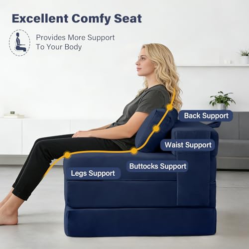 Image of Tiita Folding Sofa Bed Chair, 4-Fold Convertible Sleeper Chair with Lumbar Pillow, Washable Cover & Side Pocket, Floor Couch Bed with Raised Seat, Single Size for Small Spaces, Navy