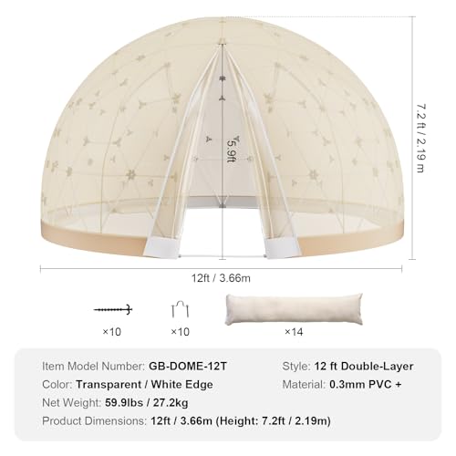 VEVOR Dome Bubble Tent, 12FT Double Cover (Transparent & Light Yellow Cover), Outdoor Geodesic House Shelter, Upgraded Igloo Tent Waterproof for Camping, Patio, Dining Backyard, Party - Image 7