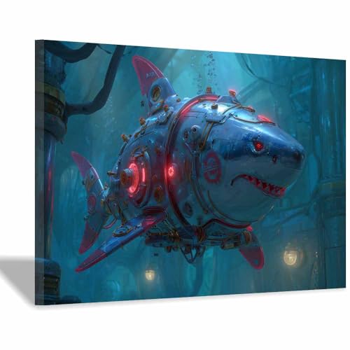 Toile murale animal de l'océan haut de gamme CUDAOO tableau requins robots encadré