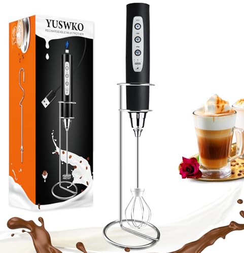 Image of YUSWKO Black Handheld Milk Frother Wand with Stand for Coffee, Rechargeable Electric Whisk with 3 Heads 3 Speeds Drink Mixer Coffee Frother For Latte, Cappuccino, Hot Chocolate, Egg