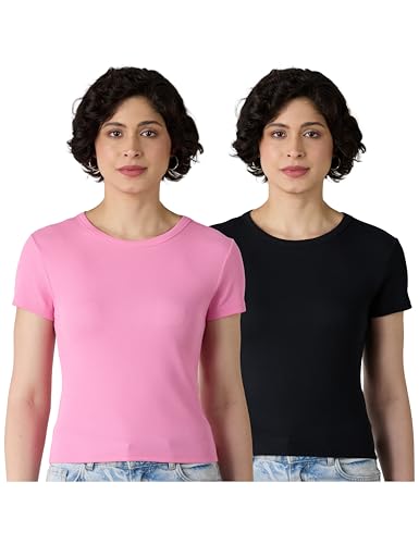 Image of Amazon Brand - Symbol Women's Slim Fit Cropped Rib T-Shirt (Round Neck | Half Sleeve | Pack of 2) (Available in Plus Size)
