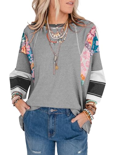 EVALESS 3/4 Length Sleeve Womens Tops Dressy Casual 2025 Fall Crew Neck Oversized Striped Patchwork Shirts Blouse