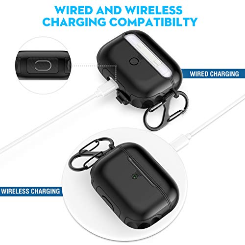 Oretech Designed For Airpods Pro Case Cover Heavy Duty Protective 2 In1 Hybrid Hard Pc Silicone Rubber Carbon Fiber With Carabiner Full Body Cover For Airpods Pro Accessories(Led Visible) - Black #TOP1