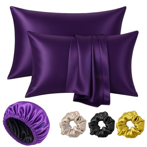 Image of Satin Silk Pillow Cover for Hair and Skin 2 Piece with 3 Piece Satin Silk Scrunchies | 1 Silk Hair Band Free Solid Pillow Covers with Envelope Closure (Rose Taupe) (Purple + Cap)