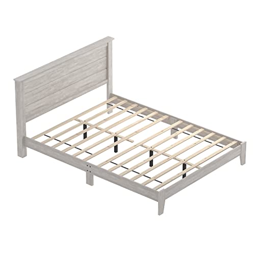 Galano Tiena Bed Frame - Wood Platform With Headboard - Bedroom - Wooden Slat Support - No Box Spring Needed - Easy Assembly - Queen Size - Dusty Grey Oak #TOP6