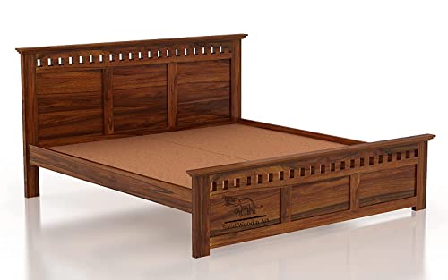 Image of SHRI MINTU'S ART Solid Sheesham Wood King Size Bed Without Storage | Wooden Double Bed Cot Bed for Bedroom Furniture | Palang Double Bed for Hotels | All (Queen, Brown Finish)