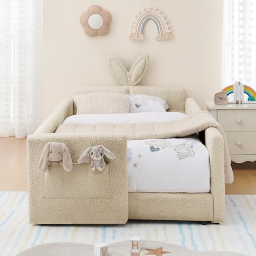 Image of KEIKI Twin Size Upholstered Platform Bed Frame with Guardrail, Slats, Camel | Boucle Platform Bed with Cute Rabbit Ear Shaped Headboard, Pocket, for Boys and Girls, No Box Spring Required, Easy Assembly