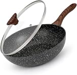LENAK 28cm / 11inch Non-Stick Wok Pan with Glass Lid & Bakelite Deep Stir Fry Saute Frying Pan with Induction Base, Gas Electric All Hobs Cooking Pan Black Marble Effect