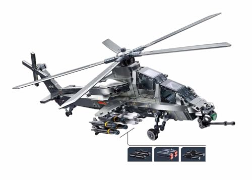 Military Attack Helicopter Building Block Set, 44.1 cm Model with Display Stand, Grey, 2 Pilot Minifigures, M38-B1233 - Image 3