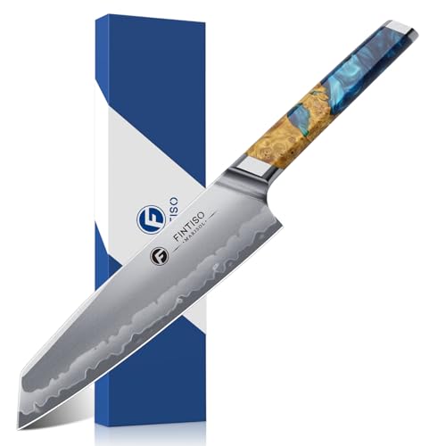 FINTISO Couteau de Chef 20CM, Ultra Tranchant Couteau de Chef Japonais, Noyau en Acier en Poudre S35VN, Acier 7 Couches, Manche en Résine Céleste et Bois Stabilisé,Idée Cadeau Parfaite